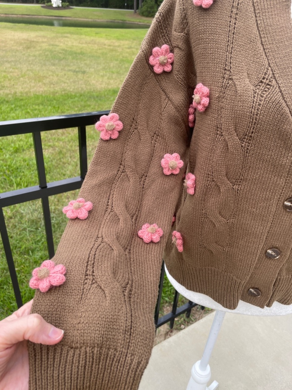 Storia Brown Cable Knit Cardigan with Pink 3D Embroidered Flower Accents - Picture 7 of 11